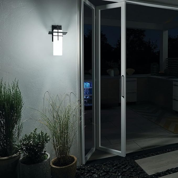 Kichler Caterham 14.75" Outdoor Wall Light in Olde Bronze®, 1-Light Exterior Porch Light Wall Sconce with Satin Etched Cased Opal Glass, (14.75" H x 8" W), 49643OZ