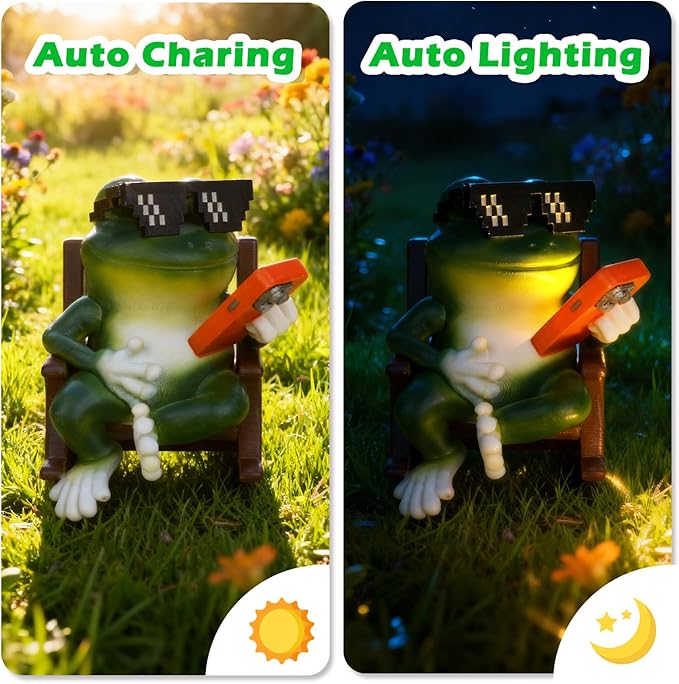 Solar Frog Garden Statue with LED Lights & Glowing Phone, Waterproof Outdoor Decor for Patio, Yard, Garden Decorations, Gift for Mom Grandma, Valentines Day Decorations, Birthday Gift for Women