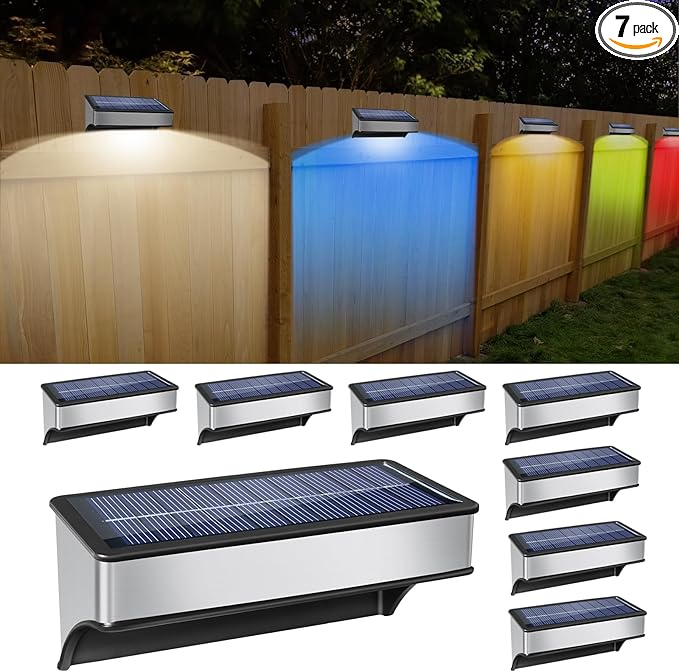 8 Pack Solar Fence Lights Outdoor RGB and 10 Colors Stainless Steel Dusk to Dawn Deck Light Bright Step Lights Waterproof Led Solar Outdoor Light for Backyard Stairs, Patio
