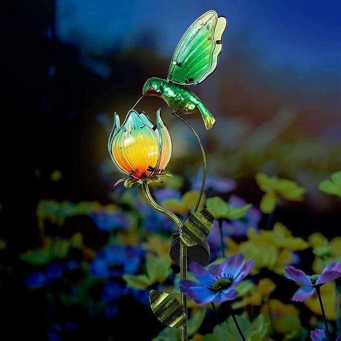 TERESA'S COLLECTIONS Glass Flower Bird Pathway Solar Outdoor Light for Garden Decor, 39'' Tulip and Hummingbird | Lumora