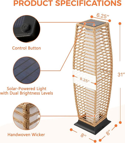 Grand patio 2-Piece Outdoor Floor Lamp Solar Lantern, Water-Resistant Wicker Boho Patio Light with 50/100 Lumens Dual Brightness & Memory Mode for Garden Porch Deck Decor, Large Crossover Natural