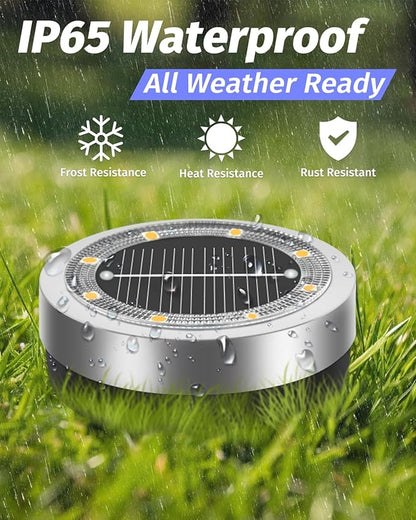 Mini Solar Ground Lights Outdoor 24 Pack Waterproof Upgraded Anti-Rust Solar Flat Garden Lights Stainless Steel Solor Powered Disc Landscape Light for Pathway Walkway Yard Lawn Patio-Warm White
