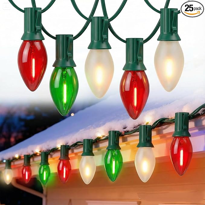25FT Red Green White Christmas Lights,Multicolor LED C7 Christmas String Lights with 27 LED Bulbs,Dimmable Hanging Lights Candle for Outside Porch Garden Roofline Party Decor