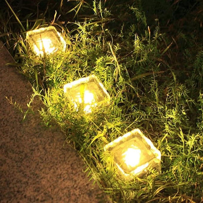 Solar Ice Glass Light,2 Packs Solar Powered Garden Lights, Waterproof IP68 Outdoor Table & Path Lights, Decorative Ice Cube for Yard (Warm White)