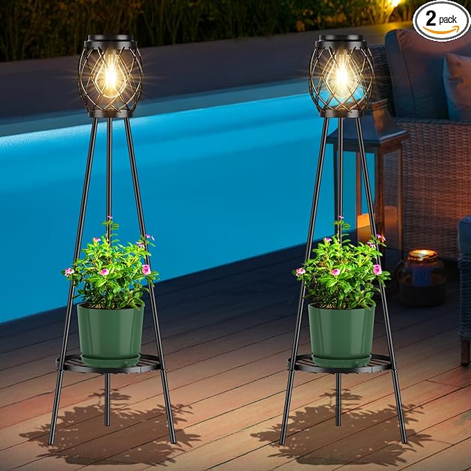 MXwcy 2 Pack Solar Lights Outdoor with LED Edison Bulbs, Vintage Style Solar Floor Lamp with Plant Stands, Weatherproof Garden Lights for Pathway, Patio, Yard, Porch Decor 8-10 Hours Lighting