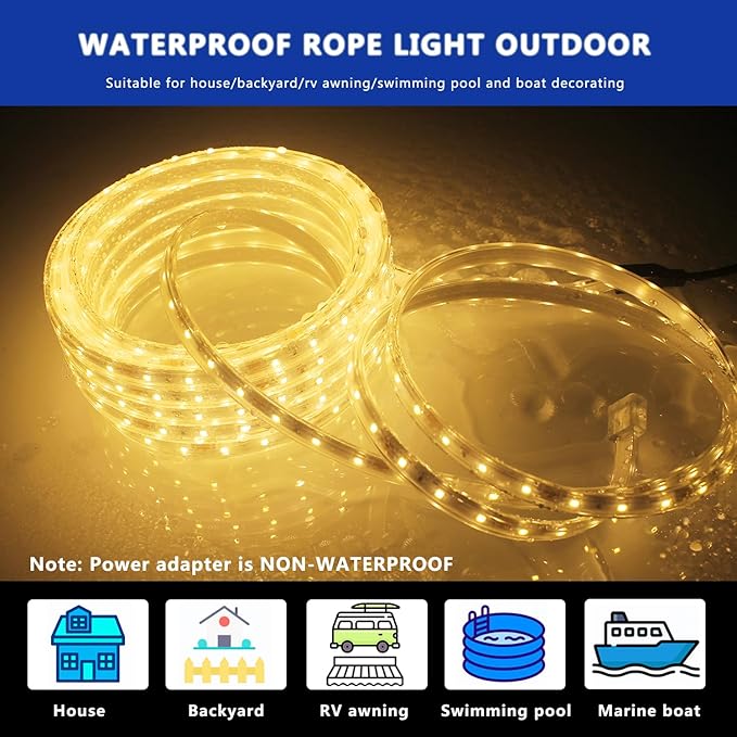 32.8FT Waterproof LED Rope Lights Warm White, Dimmable LED Strip, 12V Flat Outdoor String Light, Flexible Rope Lighting for Indoor Bedroom Deck Patio Christmas Camping