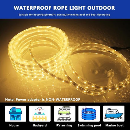 32.8FT Waterproof LED Rope Lights Warm White, Dimmable LED Strip, 12V Flat Outdoor String Light, Flexible Rope Lighting for Indoor Bedroom Deck Patio Christmas Camping
