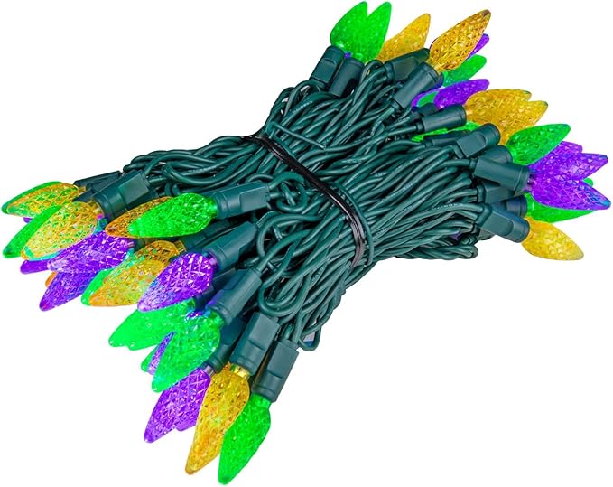 Novelty Lights 24FT 70 Light Purple Green and Yellow LED Mardi Gras Lights, C6 Bulbs, Connect up to 43 Sets, Indoor/Outdoor Use