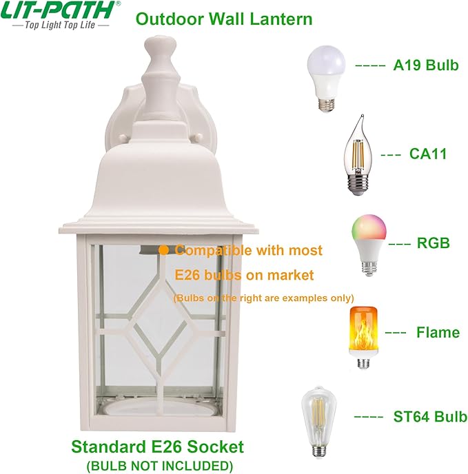 LIT-PaTH Dusk to Dawn Outdoor Wall Lantern, White Large Exterior Wall Light Fixture, E26 Base, Anti-Rust Aluminum | Lumora