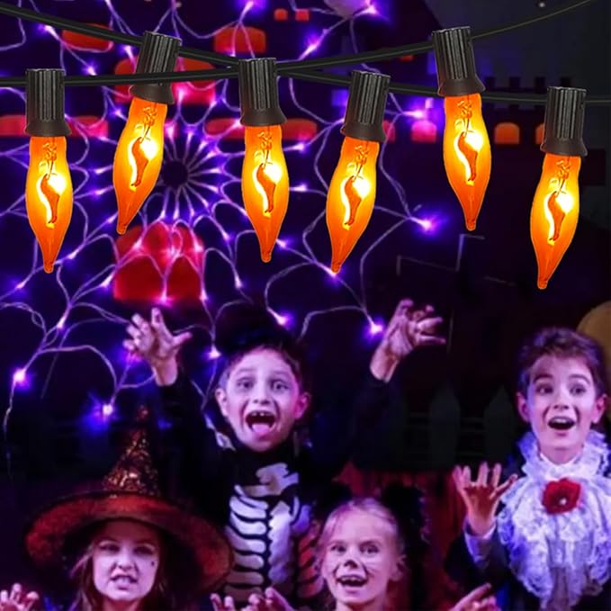 Halloween Flicker Flame Lights Orange String Lights, 10Ft C7 Vintage Flickering Flame Lights 10 Orange Flame Light Bulbs, Halloween String Light for Indoor Outdoor Halloween Christmas Decorations