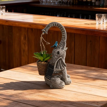 Solar Powered Garden Statue with LED Lights, Grey Stone Resin Elephant Planter, Decorative Outdoor Sculpture with Birds and Succulents,for Balcony, Garden, Patio, Yard, Lawn(Gray)