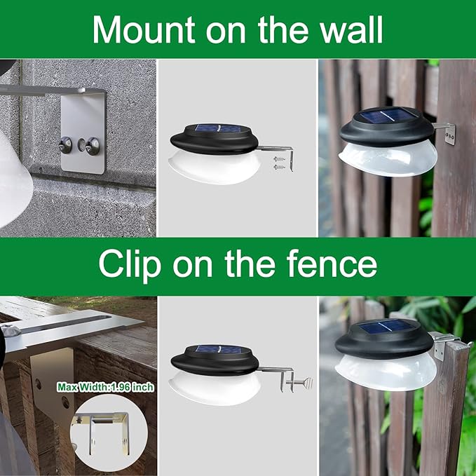 JSOT Outdoor Fence Lights, Solar Gutter Lights Waterproof, 2 Installations Methods for Deck Garden Porch Garage Wall Patio Backyard - Warm White, 6 Pack