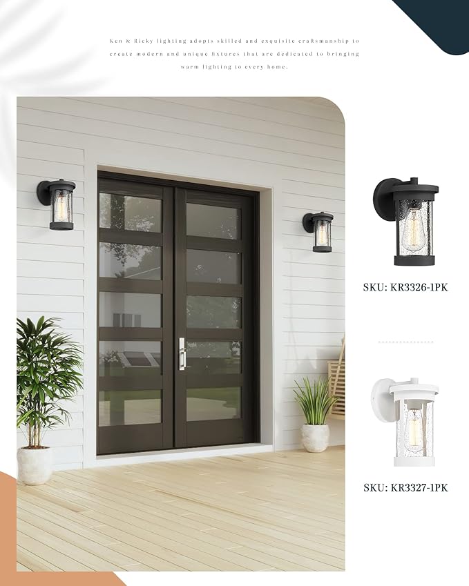 Ken & Ricky Outdoor Wall Light Fixture,Exterior Lighting Fixtures,Modern Sconce Lights for Porch Patio Garage Front Door (Black,Seeded Glass, 1PK)