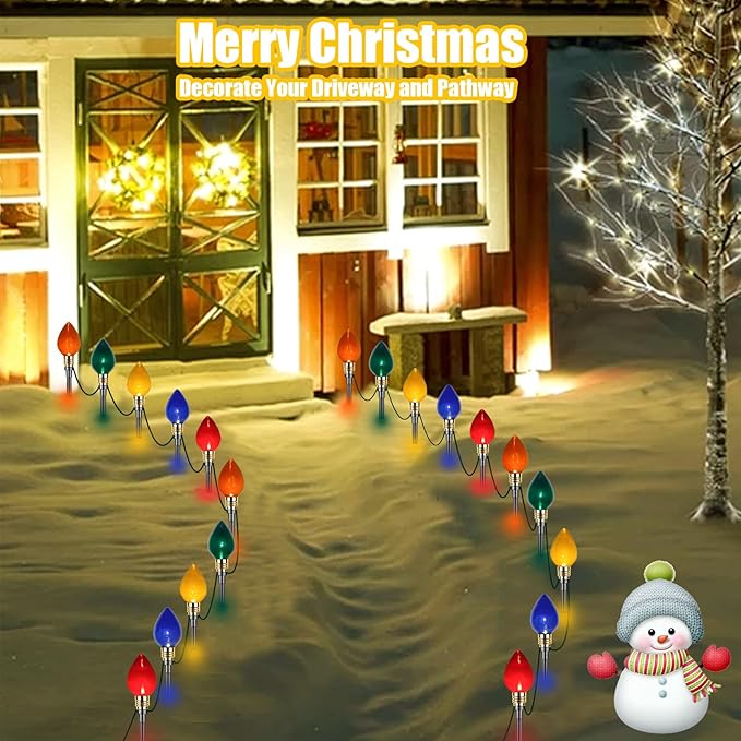 Christmas Pathway Lights Outdoor 17.3Ft 10 LED Mini Colored Bulb Lights and 10 Stakes, Connectable Driveway Christmas Light for Yard Patio Walkway Xmas Outdoor Decorations