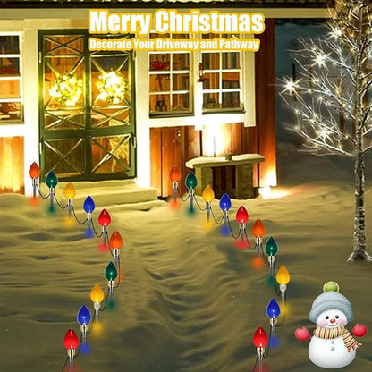Christmas Pathway Lights Outdoor 17.3Ft 10 LED Mini Colored Bulb Lights and 10 Stakes, Connectable Driveway Christmas Light for Yard Patio Walkway Xmas Outdoor Decorations