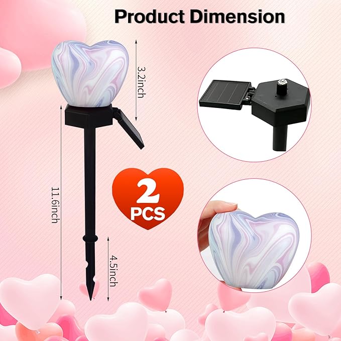 Valentine's Day Red Heart Solar Lights Outdoor, 2Pcs Waterproof Valentine's Day Solar Garden Light LED Heart Lights Wedding Decorations for Yard Walkway Outside (Blending Colors)