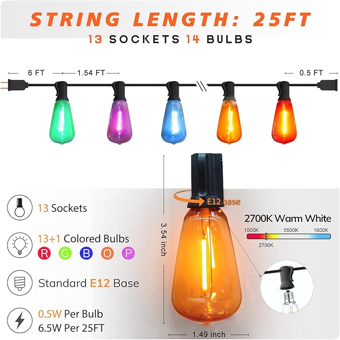 Achin Outdoor String Lights Multicolor - 25FT Colored Patio Lights Waterproof with 13+1 ST38 LED Colorful Bulbs | Lumora