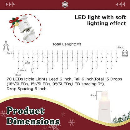 7ft Icicle Lights, 70 LED Warm White Twinkle String Light, Commercial Grade IP68 Waterproof, Soft Glow Mini LED Icicle Lights for Christmas Party, Eaves, Roofs, Xmas Holiday Indoor Outdoor Decoration