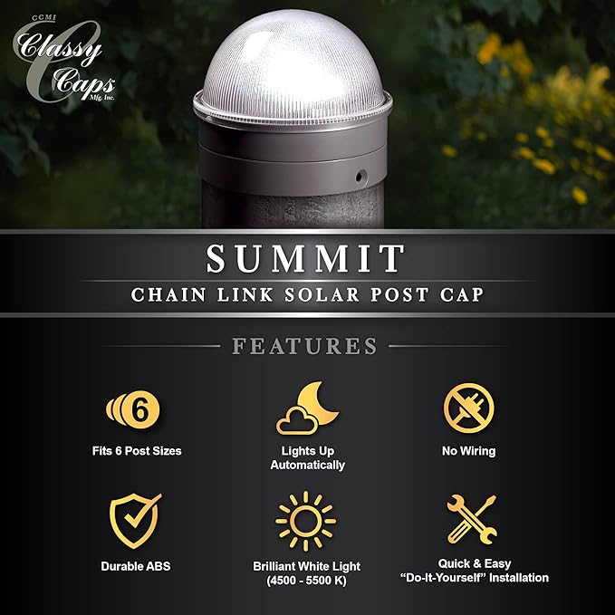Classy Caps CH2233S Summit Chain Link Solar Post Cap, Silver – High Output LED, Fits 1-7/8", 2", 2-2/8",2.5 | Lumora