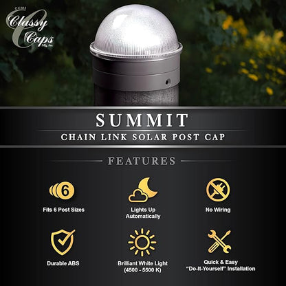 Classy Caps CH2233S Summit Chain Link Solar Post Cap, Silver – High Output LED, Fits 1-7/8", 2", 2-2/8",2.5, 2-7/8",3" Diameter Posts, Easy DIY, Brilliant White Light, Ideal for Chainlink Fence Posts