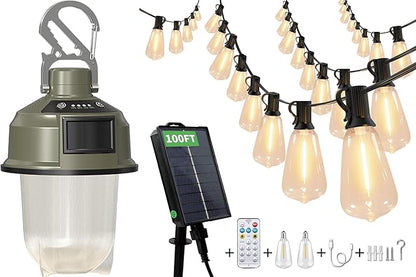 LED Camping Lantern Waterproof, Portable Flashlight for Camping and 100FT Solar String Lights Outdoor Waterproof
