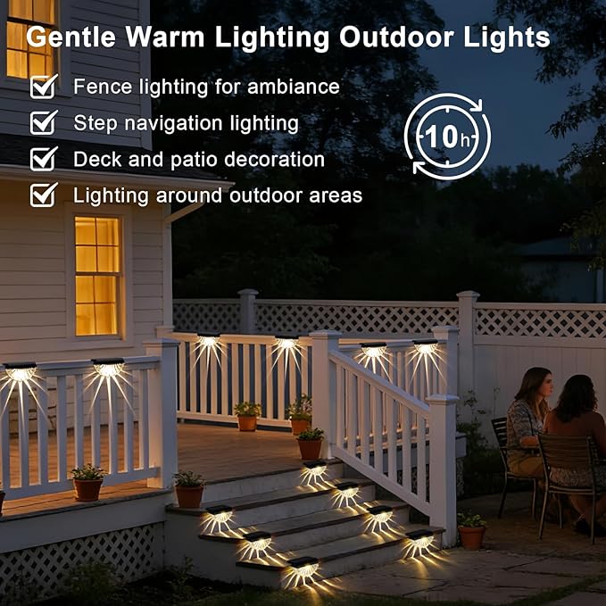 Greluna Solar Fence Lights Outdoor, 12 Pack Waterproof Deck Lights, Auto Dusk to Dawn Step Lights with Warm White | Lumora