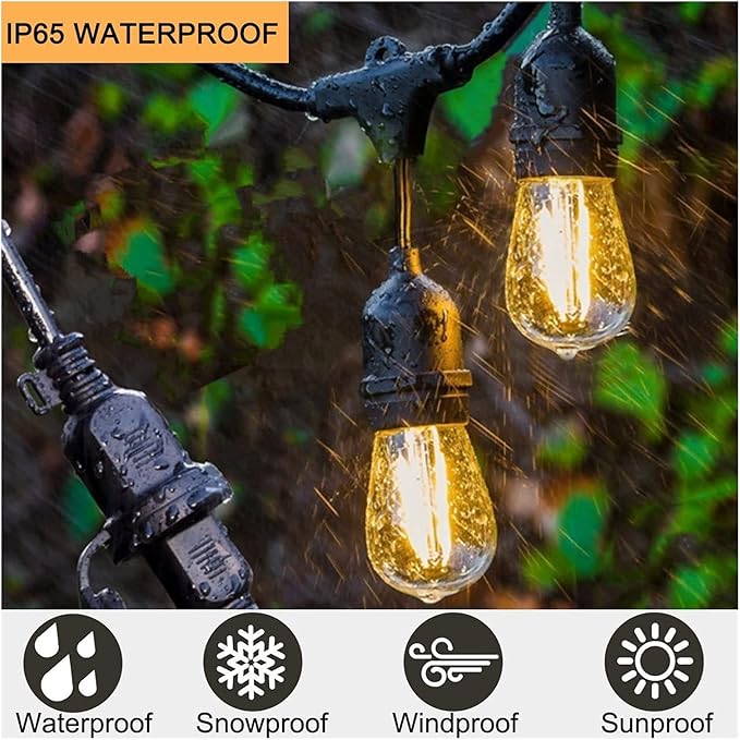 LED S14 Outdoor String Lights Mains Powered, 49FT Heavy Duty Commercial Grade IP65 Festoon Lights with 15Pcs 2W LED Edison Bulbs E27 Base Perfect for Party, Backyard, Cafe, Wedding, Christmas