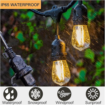 LED S14 Outdoor String Lights Mains Powered, 49FT Heavy Duty Commercial Grade IP65 Festoon Lights with 15Pcs 2W LED Edison Bulbs E27 Base Perfect for Party, Backyard, Cafe, Wedding, Christmas