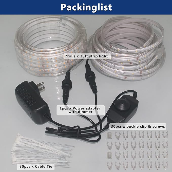 33FT 2-Pack 12V LED Rope Lights Outdoor - 1200 LEDs Warm White Dimmable Thick Flat Rope Lighting Waterproof for | Lumora