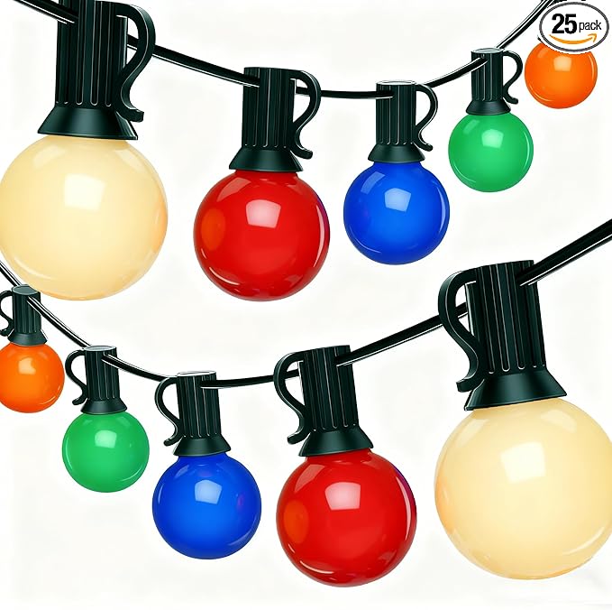 50Ft Outdoor Multicolor Christmas Lights, G40 Globe Patio String Lights with 27 Ceramic Colorful LED Bulbs(2 Spare), Outside Christmas Lights for Holiday Party Garden Backyard Roofline Xmas Decor