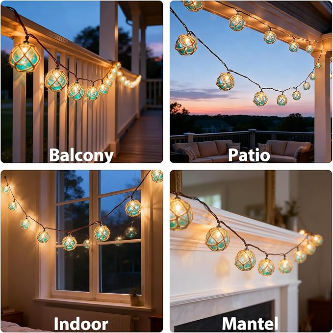 Decorative String Lights Plug in with 10 Incandescent Bulbs, Nautical Fishing Float String Lights Connectable Weatherproof for Indoor Home Tiki Bar Decor and Outdoor Patio Decorations (Aqua Blue)