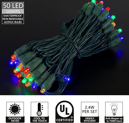 Everfit Lighting 50 Count 5MM Wide Angle Led Christmas Lights Set,Outdoor Led String Lights for Garden Patio Christmas Trees Decoration,17 Feet Green Wire,Multi Color