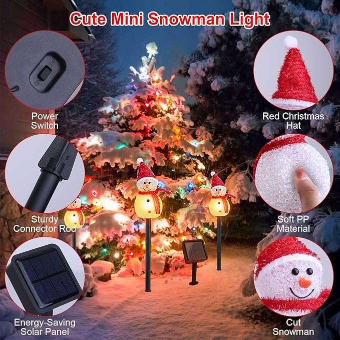 Set of 3 Snowman Solar Christmas Decorations, Solar Garden Stake Lights, IP55 Waterproof Solar Walkway Lights for Your Garden, Landscape, Path, Yard, Patio, Driveway, Pathway (Warm White)