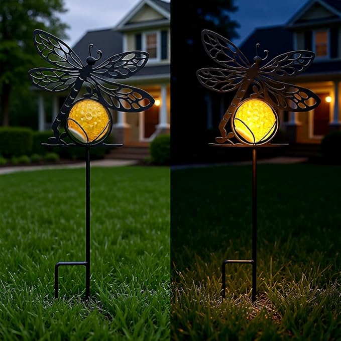 Dragonfly Solar Lights Outdoor Decorations, 2 Pack Metal Iron Solar Stake Lights for Yard, Garden, Lawn Decor