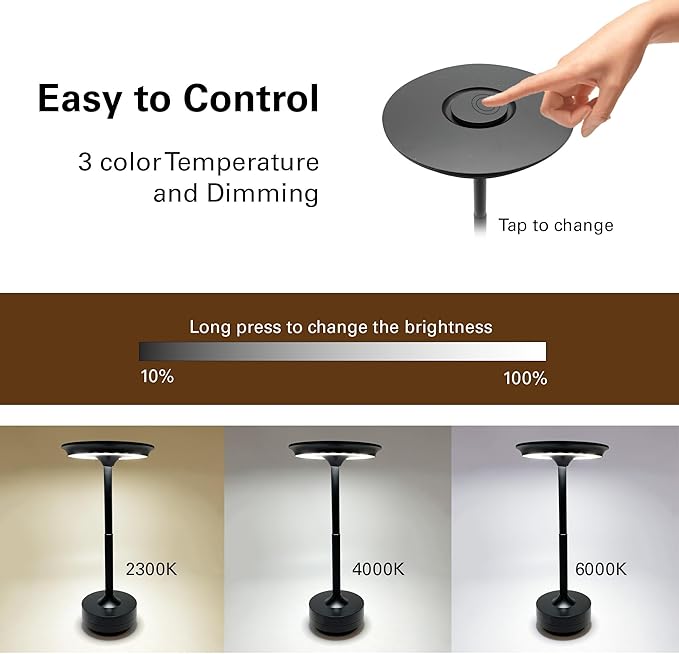 Cordless Table Lamps Rechargeable, Portable Battery Operated Lamp, Stepless Dimming LED Table Light with Memory Function, for Outdoor/Dinner/Patio/Restaurant, (Black 4 Pack)