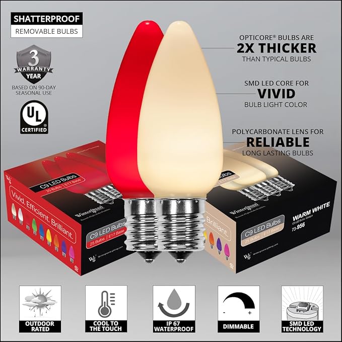 Wintergreen Lighting 50 C9 OptiCore LED Red and Warm White Christmas Lights – Commercial Outdoor Heavy Duty Bulbs with Vintage Ceramic Style Finish, 18 Gauge White Wire (50 Ft)