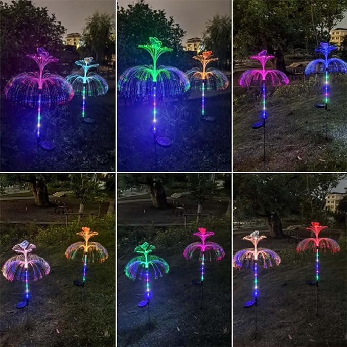 2 Packs of LED Solar Double-Layer Jellyfish Butterfly Lights, Seven Color Gradient Outdoor Courtyard Decoration, Wireless Dusk to Dawn Waterproof Garden Road Landscape Lights