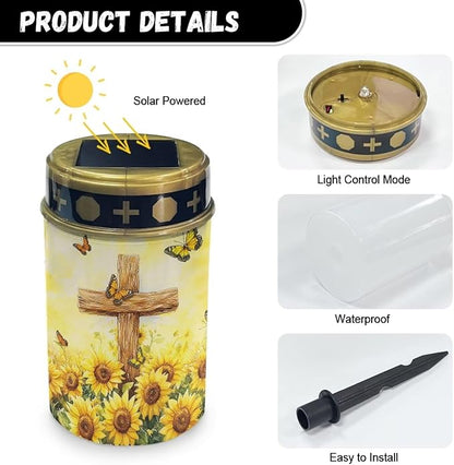 Solar Lights Outdoor Waterproof Cross Sunflower Print Cemetery Garden Lights for Grave Flameless Lamp Candles for Outdoor Decoration