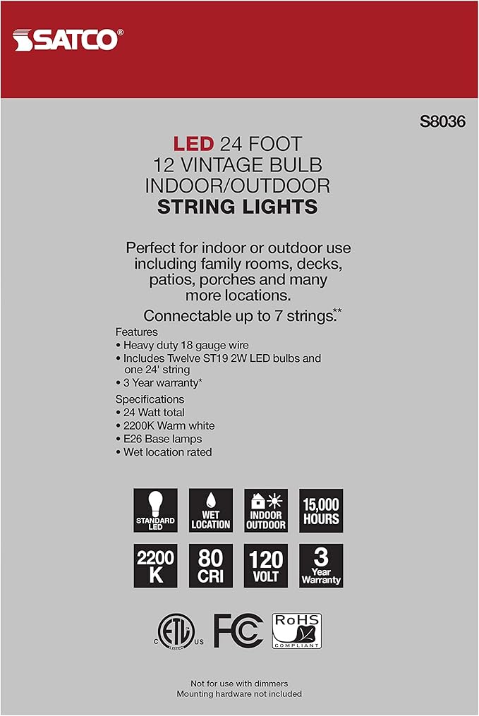 Satco S8036 LED Indoor/Outdoor String Lights, Black, ST19 Bulbs, 24 Feet (Pack of 1)