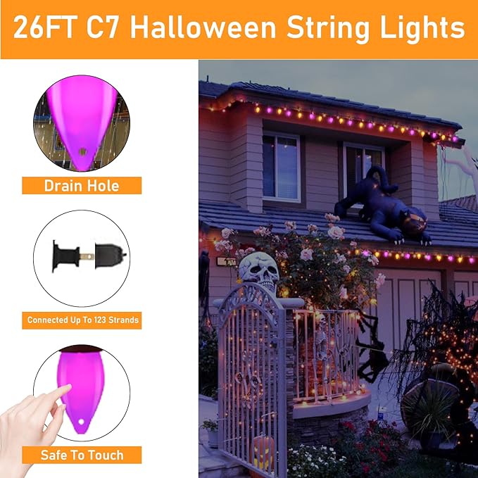 Purple and Orange Halloween Lights, 26FT 50 Count Halloween C7 LED String Lights for Indoor/Outdoor Use, Purple Orange Lights for Patio Home Party Garden Yard-Black Wire