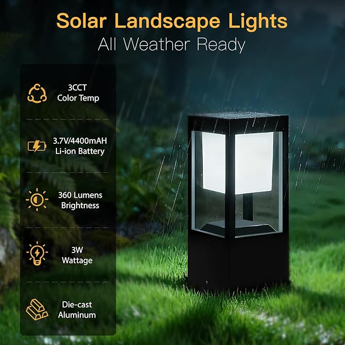 Solar Bollard Lights Outdoor, Premium Modern Led Landscape Pathway Lights Waterpoorf, Path Lighting for Garden Yard Walkway, 3CCT Seturable, Dusk to Dawn, Auto On/Off (2 Pack)