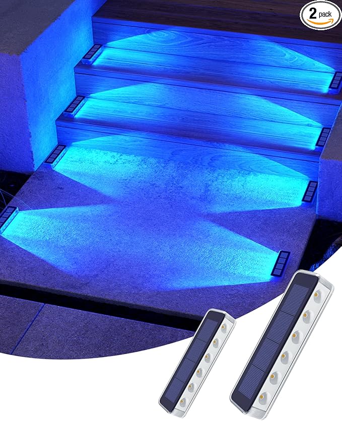 Solar Step Lights for Outside, 2 Pack Solar Stair Lights, Blue Outdoor Deck Light Waterproof, Outdoor Light Solar Powered for Deck, Dock, Pathway, Porch, Path, Ground, Backyard