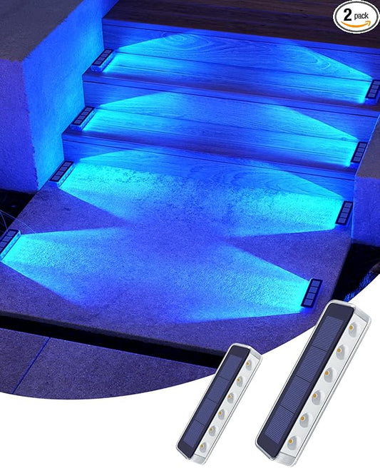 Solar Step Lights for Outside, 2 Pack Solar Stair Lights, Blue Outdoor Deck Light Waterproof, Outdoor Light Solar Powered for Deck, Dock, Pathway, Porch, Path, Ground, Backyard