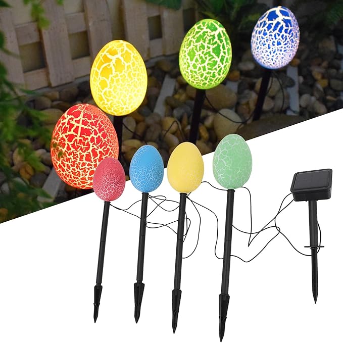 Solar Garden Decor 4 Crack Eggs Outdoor Decor Stake Lights, Water Proof Solar Pathway Lights for Outside Yard Lawn Flower Bed Easter Decorations