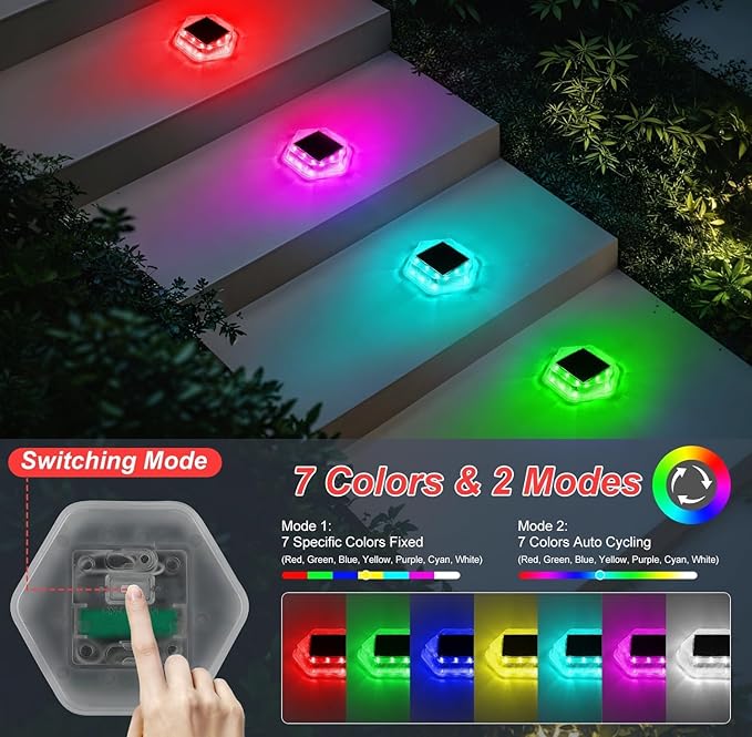 Solar Deck Dock Step Lights- 8 Packs Waterproof 1200mAh Auto ON/Off LED Solor Powered Stair Lights for Outdoor Garden, Patio, Pathway, Walkway, Driveway (Red & Green & Blue)
