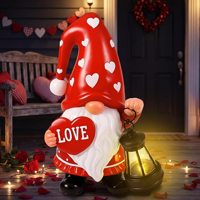 Retisee Solar Valentine's Day Garden Statue Resin Gnome Statue with Hearts LED Lights Outdoor Love Solar Light | Lumora