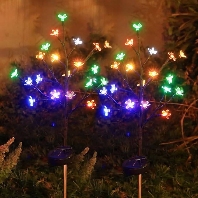 Solar Garden Lights Outdoor Garden Decor, 2 Pack Cherry Blossom Solar Flowers Outdoor Waterproof Fairy Solar Lights, Outside Yard Decorations for Patio Pathway Decor, Gardening Gifts for Women Mom