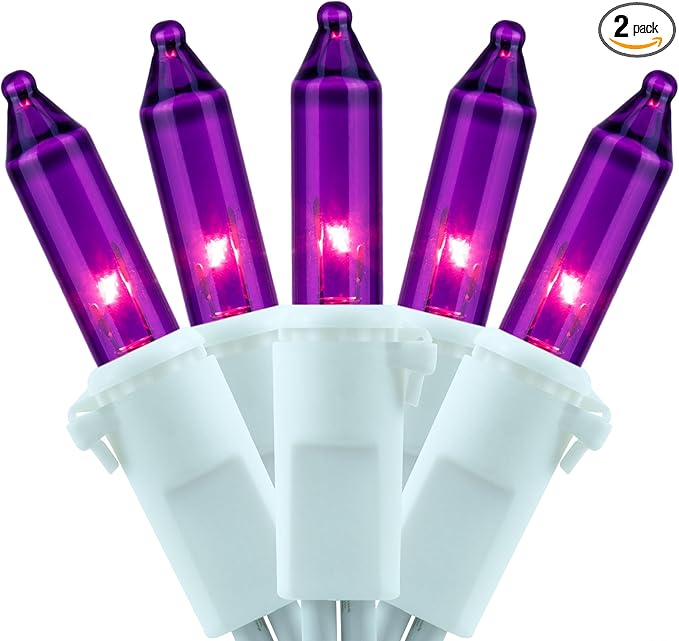 YULETIME 200 Purple Christmas Lights, Pack of 2 Sets 33 Feet 100 Count UL Certified Incandescent String Lights (Purple - White Wire)