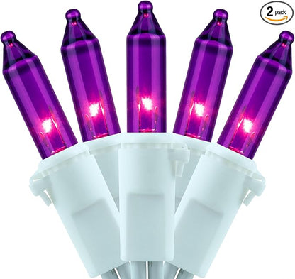YULETIME 200 Purple Christmas Lights, Pack of 2 Sets 33 Feet 100 Count UL Certified Incandescent String Lights (Purple - White Wire)