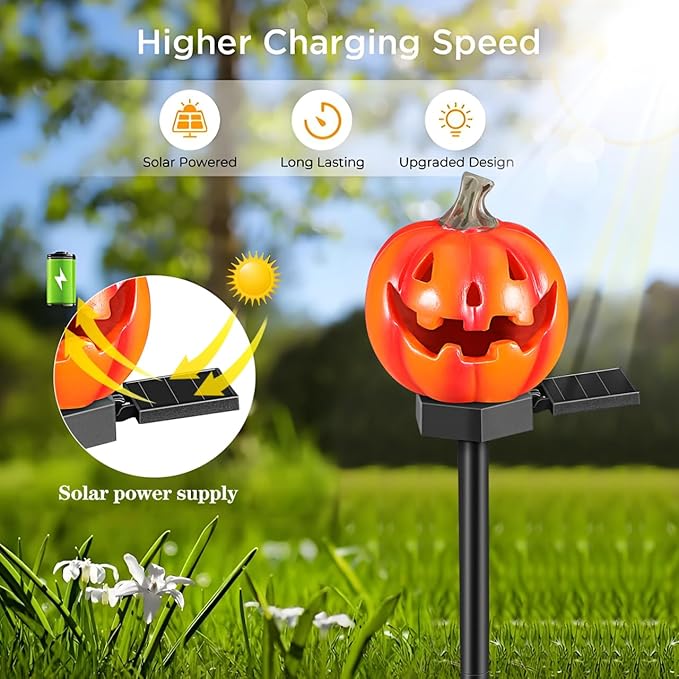SAFIGLE Solar Pumpkin Pathway Lights：Outdoor Halloween Stake - Light up Jack O Lantern Pumpkins for Halloween Party Porch Yard Decorations